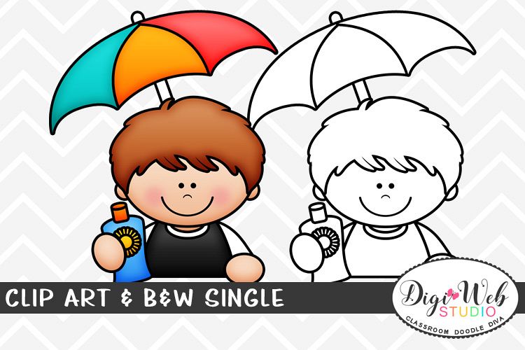 Clip Art & B&W Single - Summer Boy w/ Sunscreen & Umbrella example image 1