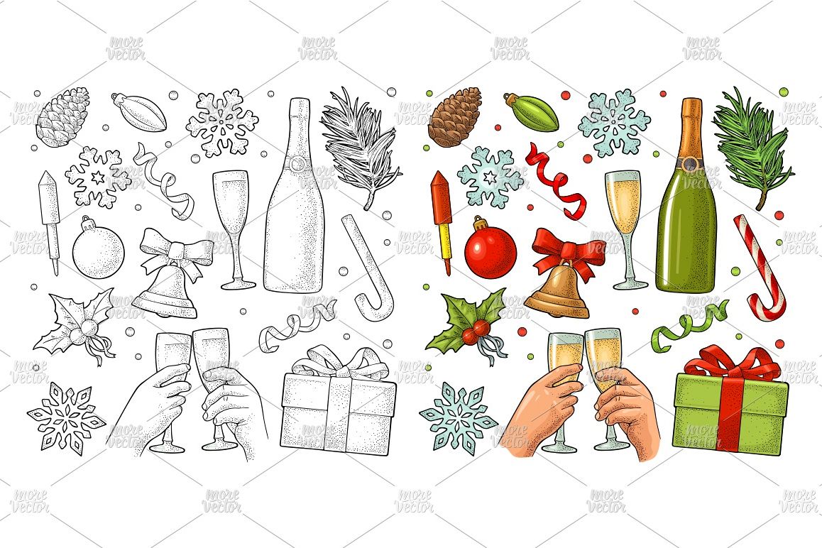 Merry Christmas and Happy New Year set Vector engraving example image 1