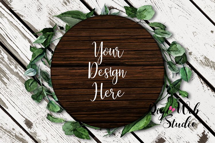 Flat Lay Wood Sign Mockup - Round Wood Sign on Leaf Wreath example image 1