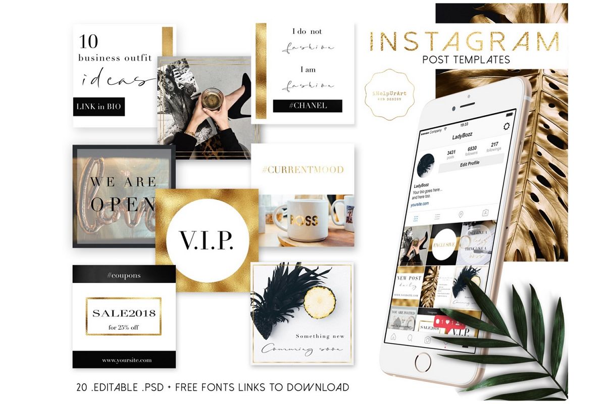 Minimal Gold and Black Instagram Posts Tempalate PSD example image 1