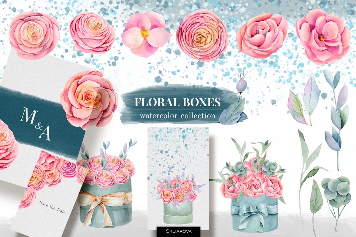 Floral boxes. Watercolor clipart. example image 1