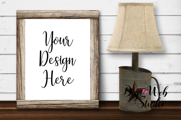 Wood Sign Mockup - Farmhouse Wood Frame with Rustic Lamp example image 1