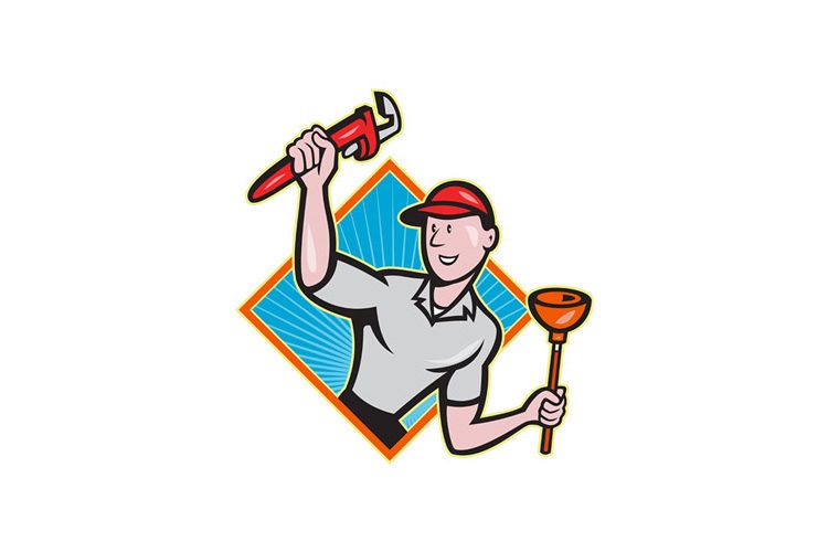 Plumber With Monkey Wrench And Plunger Cartoon example image 1