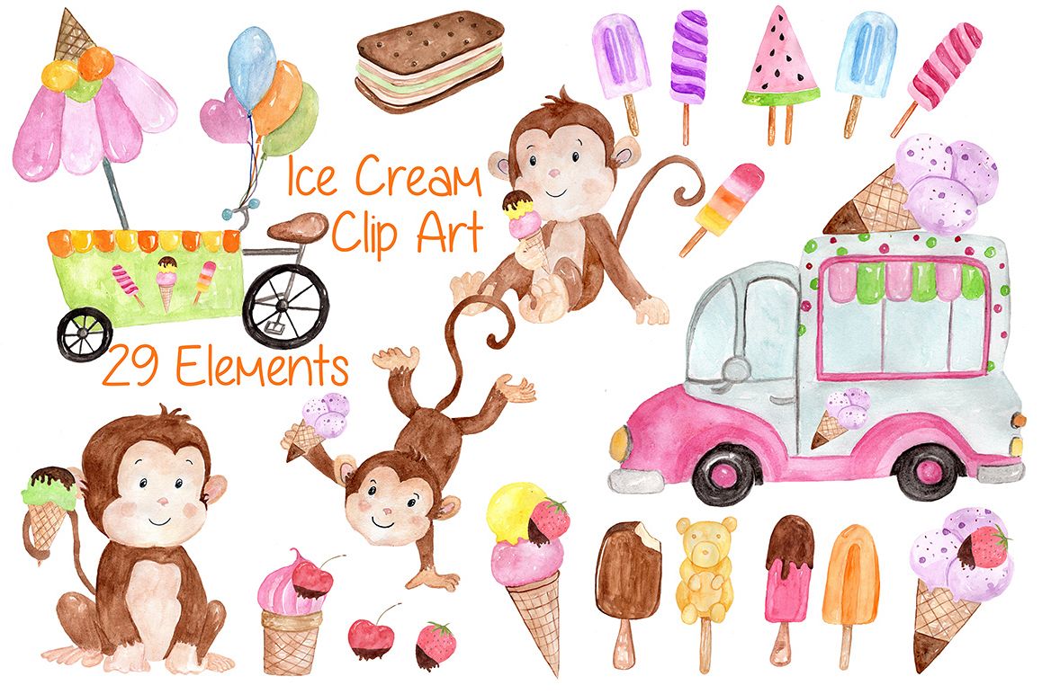Watercolor Ice Cream clipart example image 1