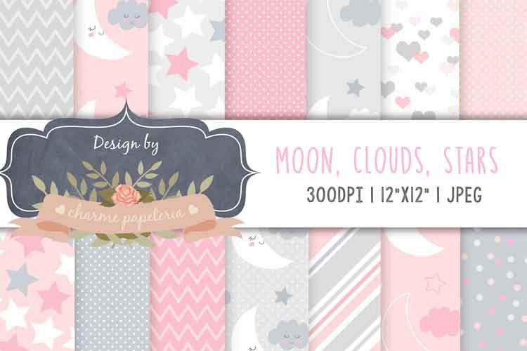 Moon Clouds and stars digital papers, pink and grey paper example image 1