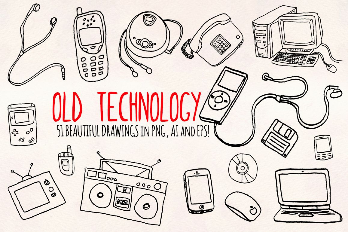 50 Hand Drawn Retro Technology Computer Graphics example image 1
