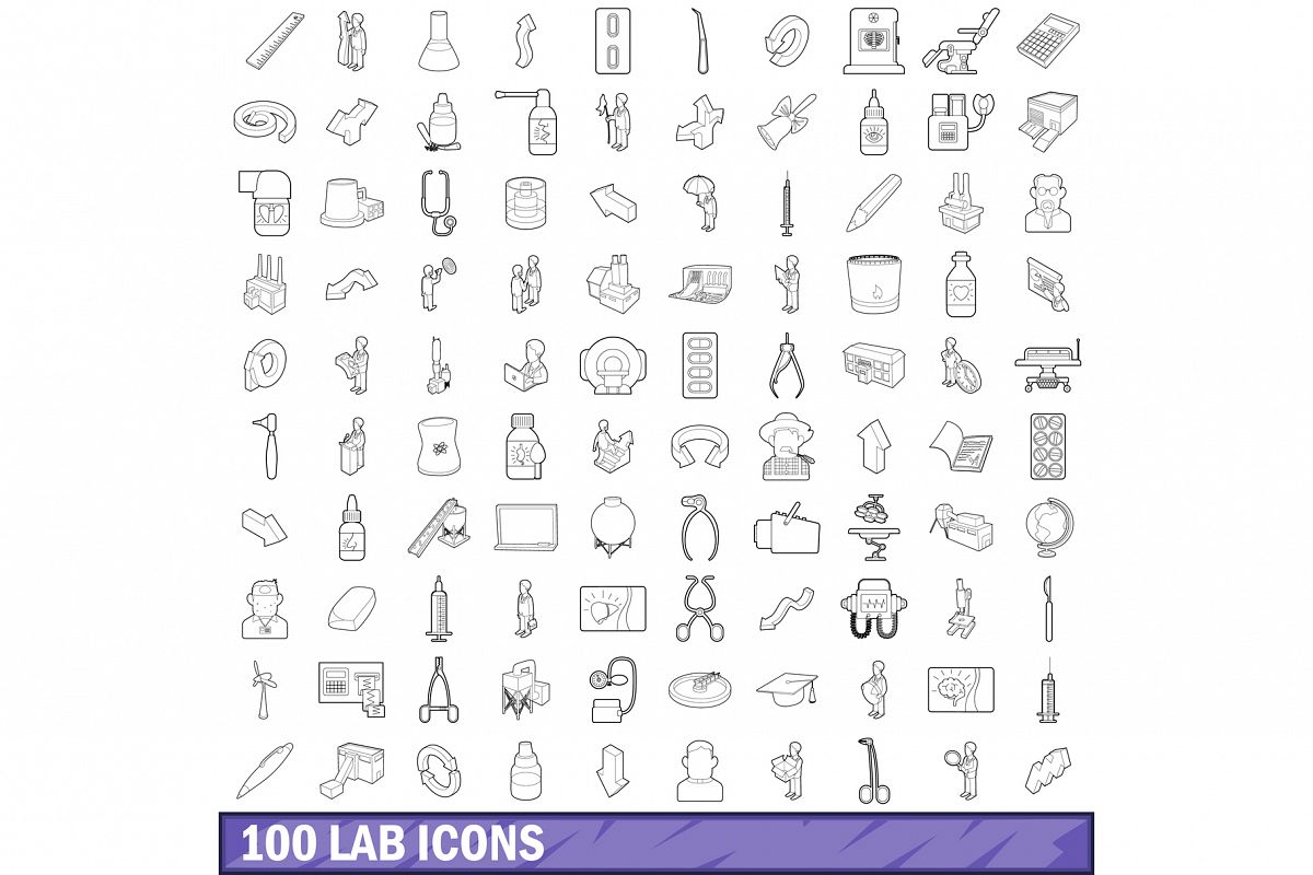 100 lab icons set, outline style example image 1