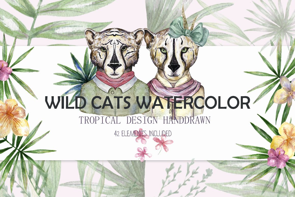 Wild Cats. Tropical watercolor example image 1