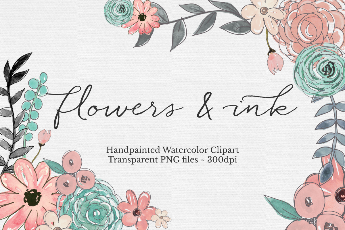 Watercolor & Ink Floral Clipart Set example image 1