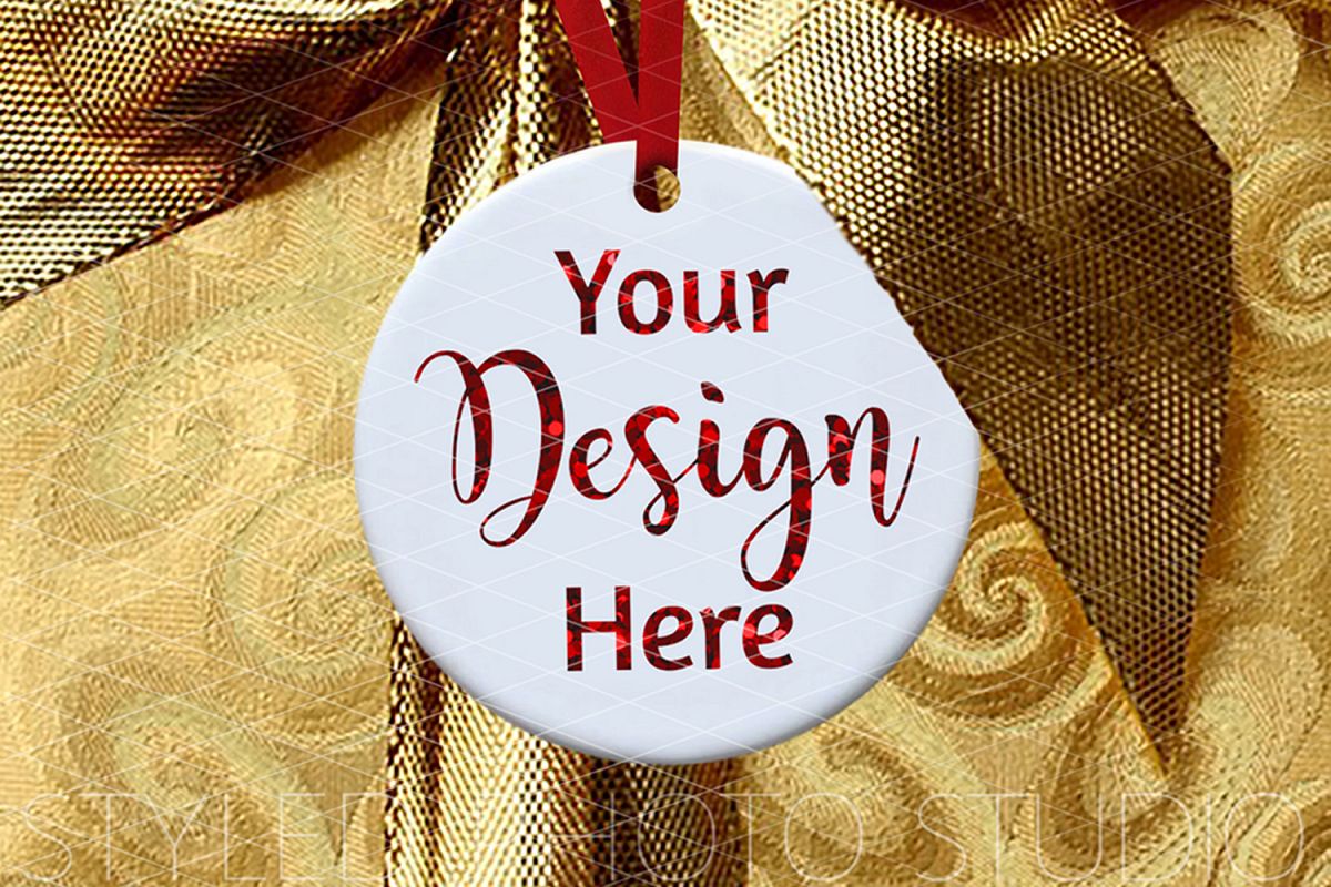 Round Ceramic Christmas Ornament Mockup Gold Ribbon example image 1