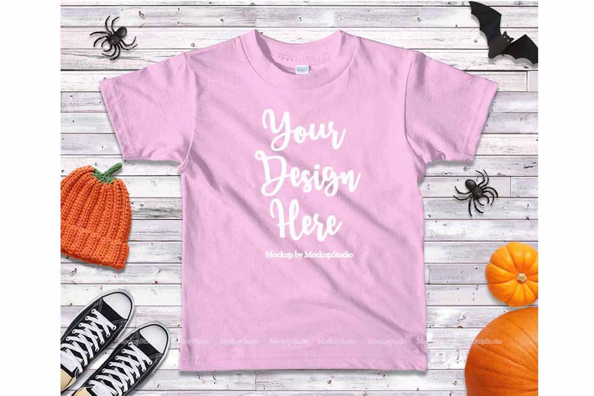 Halloween Fall Pink Kids Shirt Mockup Girls Flat Lay