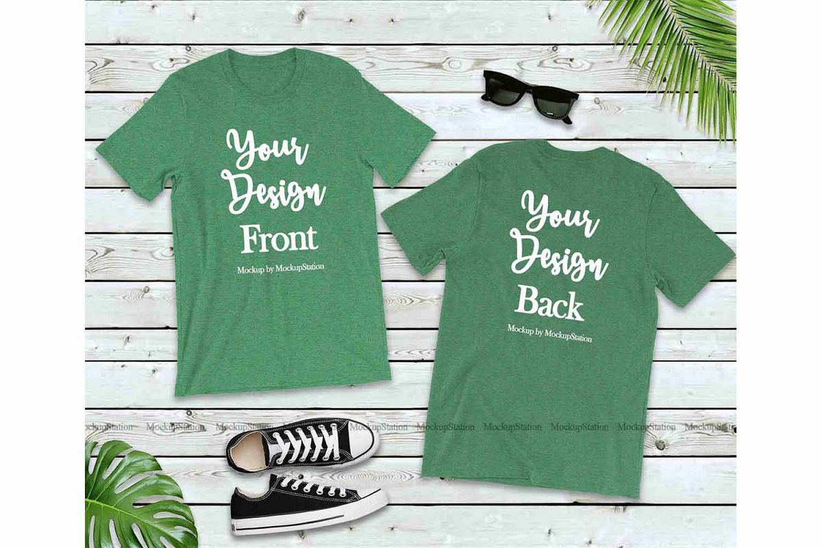 Front & Back Heather Grass Green Tshirt Mockup Bella Canvas example image 1