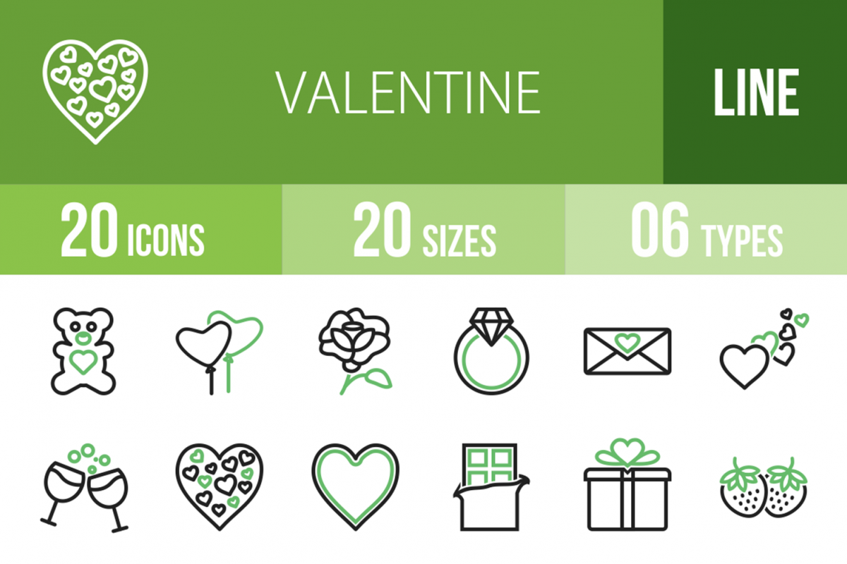 20 Valentine Line Green & Black Icons example image 1