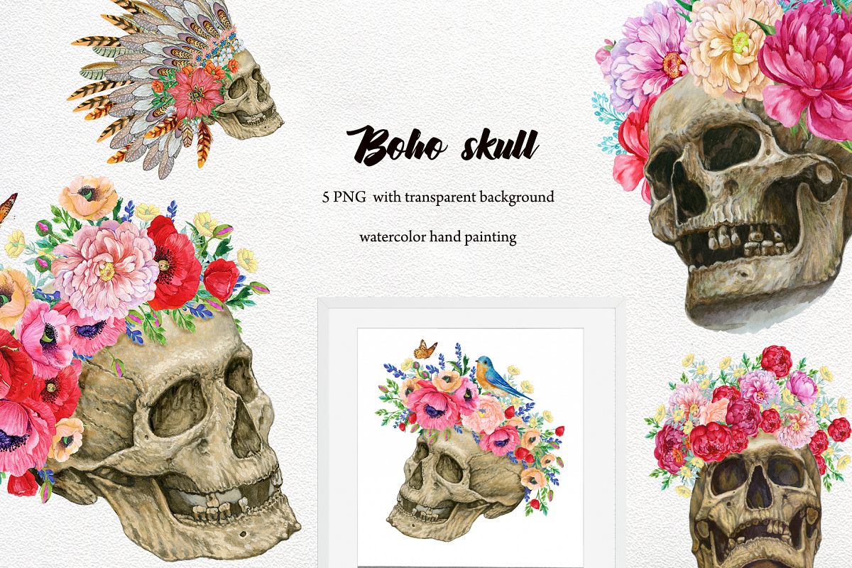 Skulls with flowers .Boho style Skull Clipart. Halloween wat example image 1