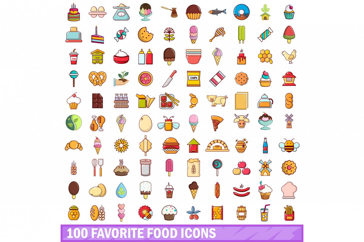 100 favorite food icons set, cartoon style example image 1