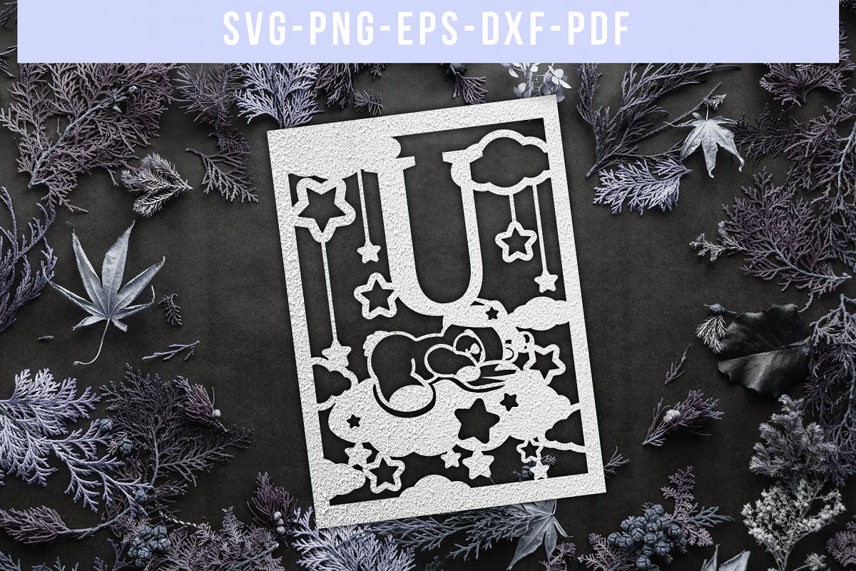 Nursery U Monogram Papercut Template, Kids Room Decor, DXF example image 1