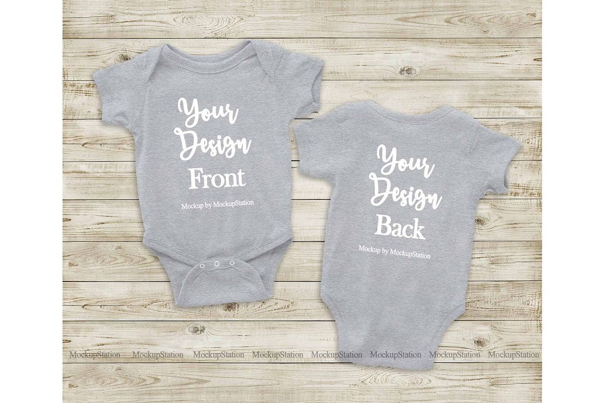 Heather Grey Front & Back Baby Bodysuit Mockup, Toddler Mock example image 1