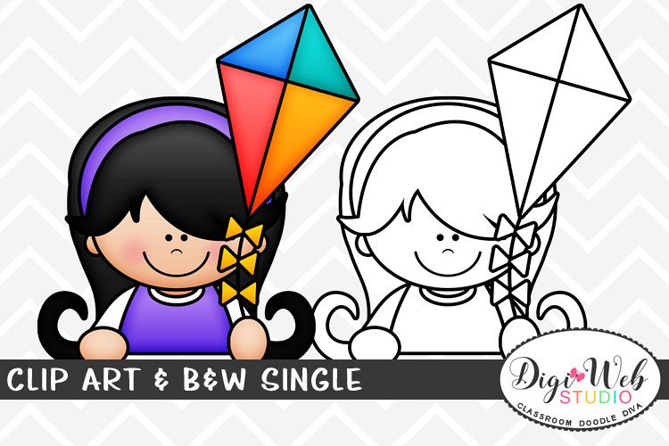 Clip Art & B&W Single - Summer Girl w/ A Kite Topper example image 1