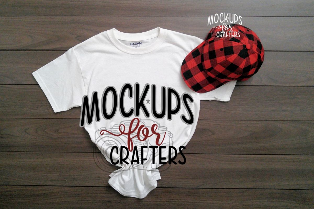 MOCK-UP - White Gildan Unisex T-Shirt with buffalo plaid cap example image 1