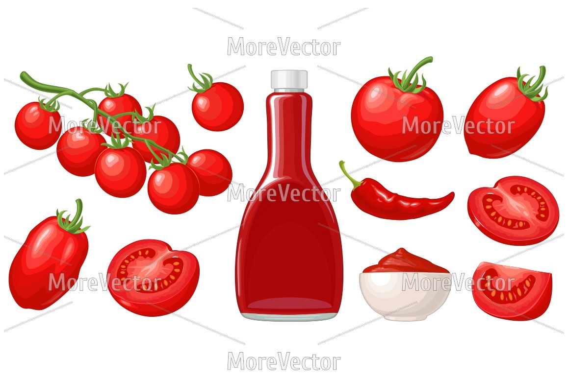 Ketchup bottle, chilli, tomato sauce in a plate, branch, half and slice and slice tomatoes. example image 1