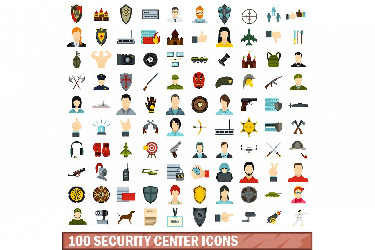 100 security center icons set, flat style example image 1