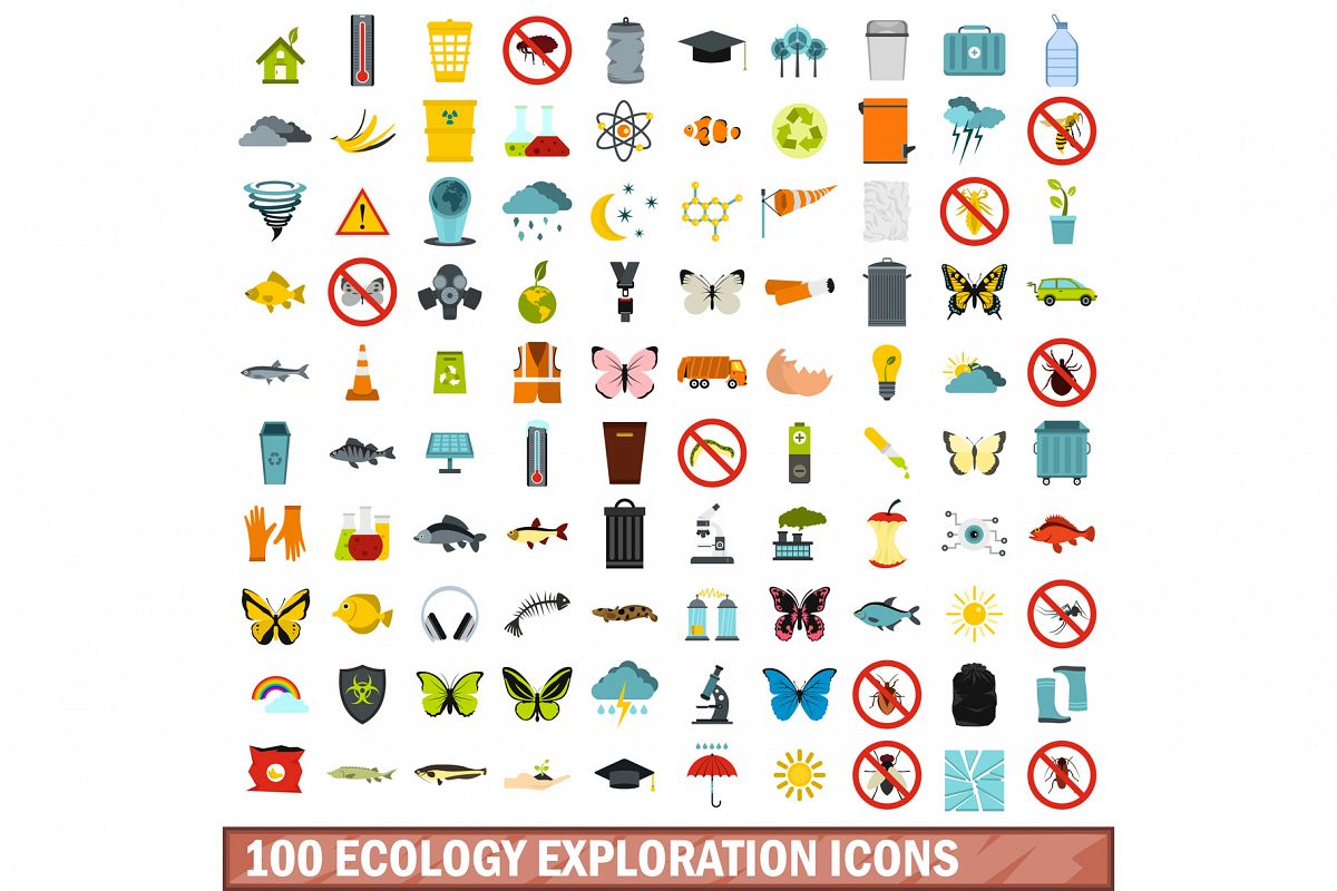 100 ecology exploration icons set, flat style example image 1