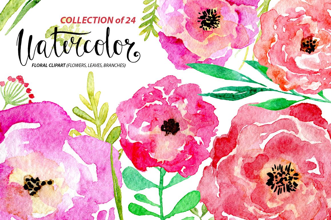 Watercolor flower set, 24 png elements example image 1