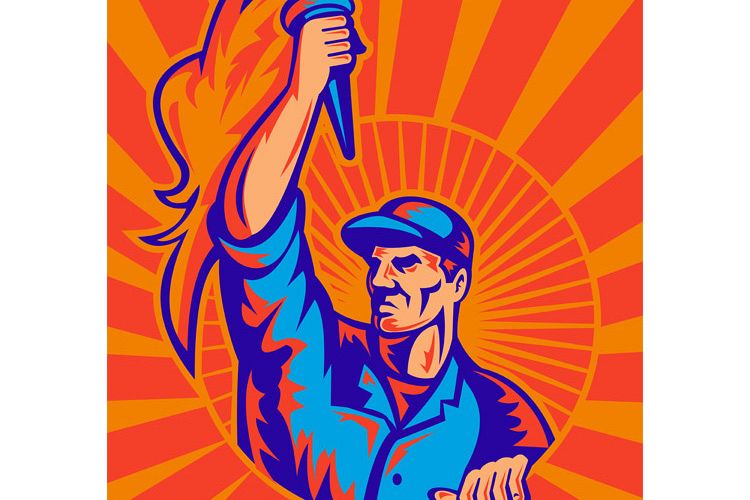 worker carrying flaming torch sunburst retro example image 1