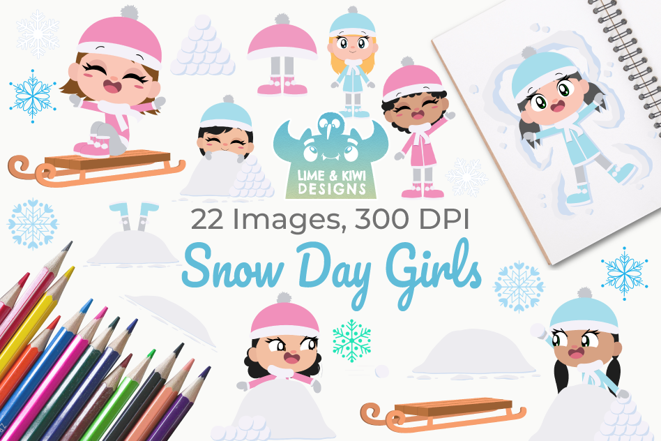 Snow Day Girls Clipart, Instant Download Vector Art example image 1