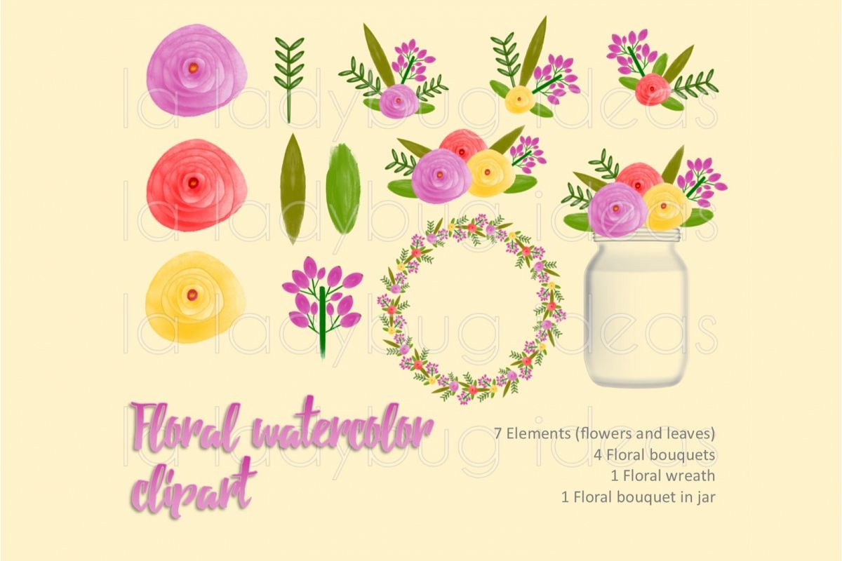 Pink floral watercolor clip art collection. example image 1