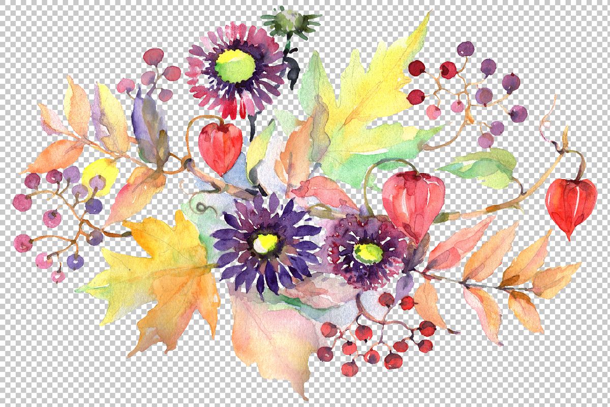 Autumn Bouquet with asters and physalis Watercolor png example image 1
