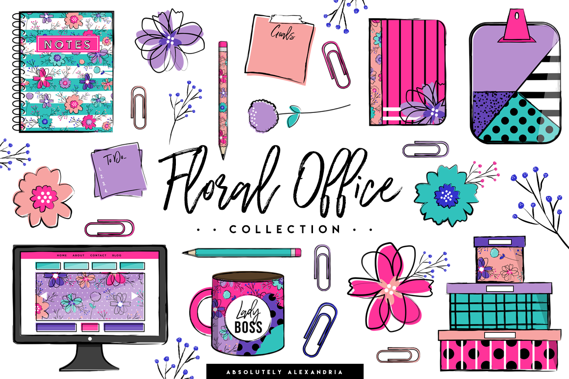 Floral Office Illustrations & Seamless Digital Patterns example image 1