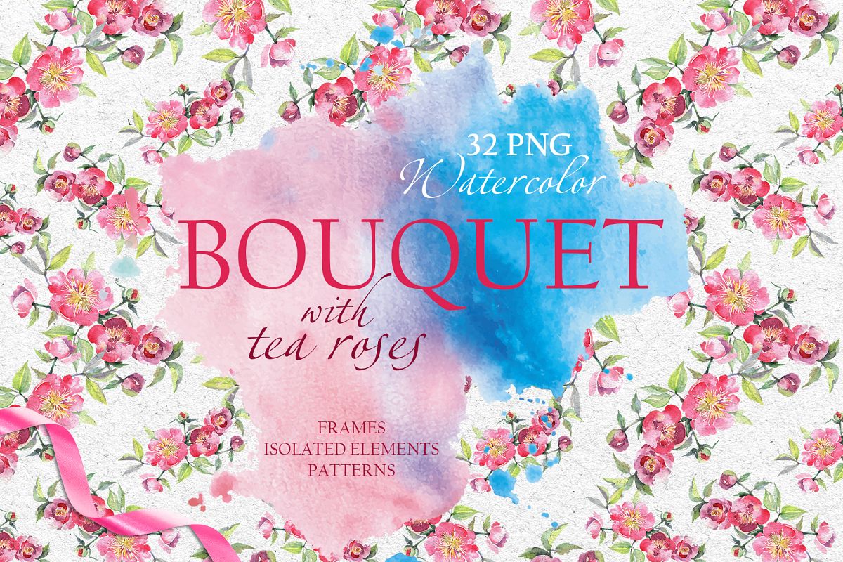 Bouquet with tea roses Watercolor png example image 1