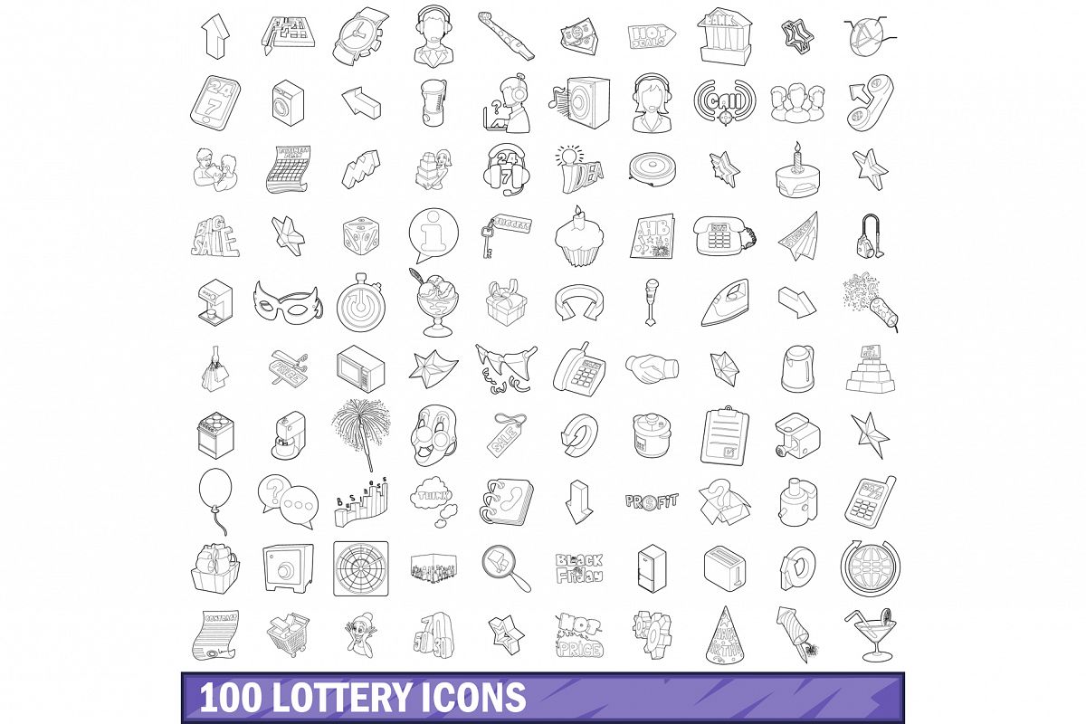 100 lottery icons set, outline style example image 1
