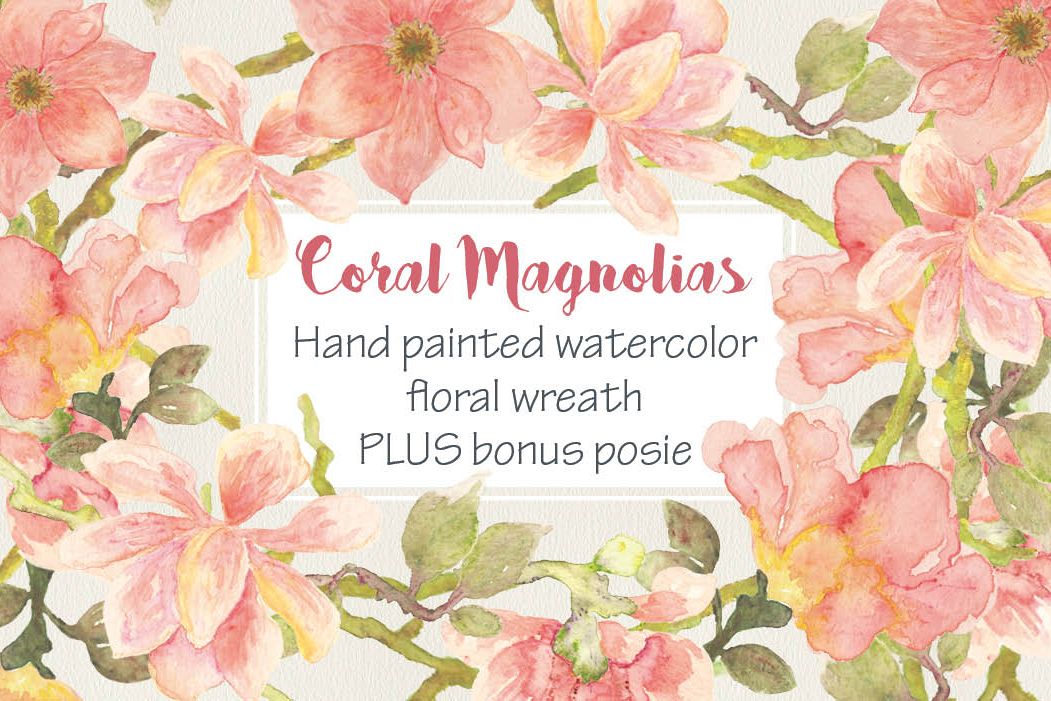 Watercolor wreath of coral Magnolias example image 1