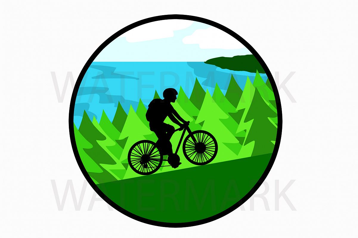Bike on mountain by the lake with pine trees - SVG/JPG/PNG Hand Drawing example image 1