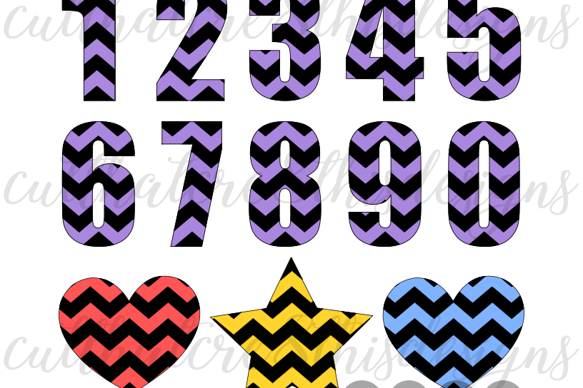 Chevron Pattern Numbers, Shapes, Heart, Star, Set Cut File, SVG, PNG, PDF for Silhouette & Cricut example image 1