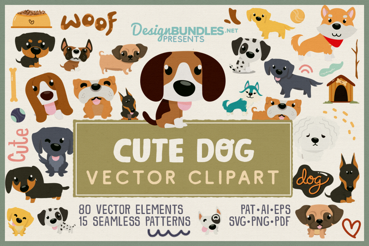 80 Cute Dog Vector Clipart & Seamless Patterns example image 1
