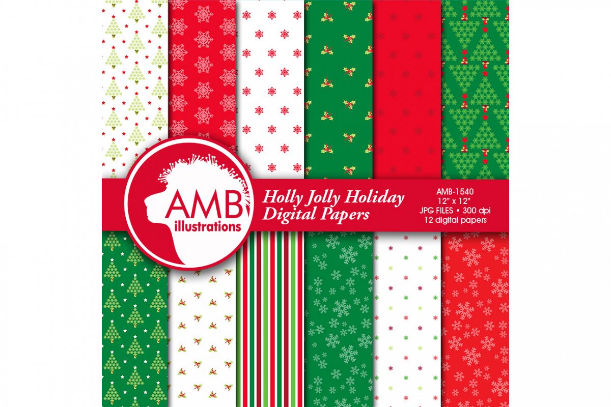 Traditional Christmas digital paper, Holly Jolly Papers, Holiday digital paper, commercial use, instant download, AMB-1540 example image 1