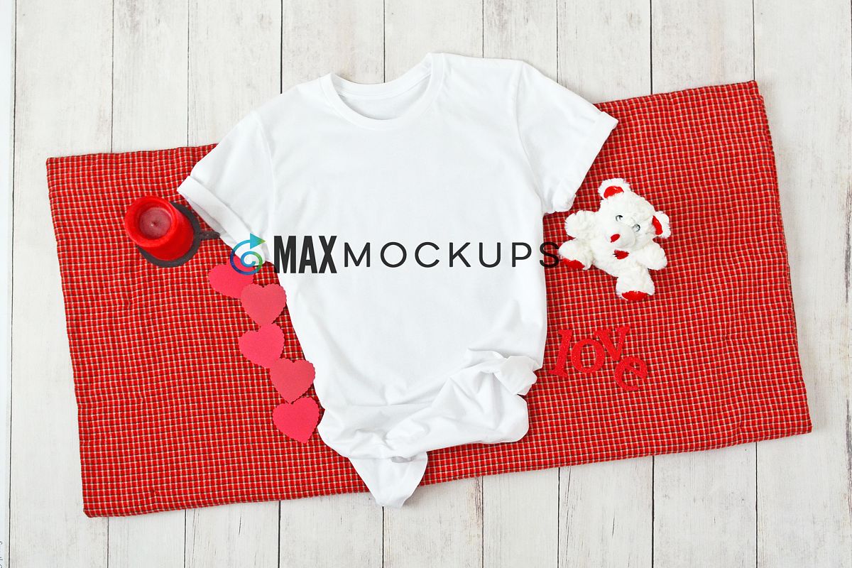 Download White t-shirt Mockup, Valentines red hearts, styled flatlay