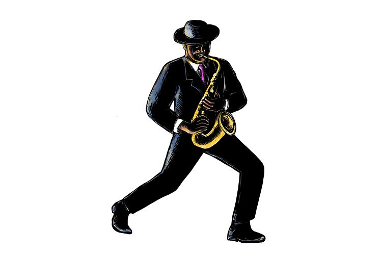 Jazz Musician Playing Saxophone Scratchboard example image 1