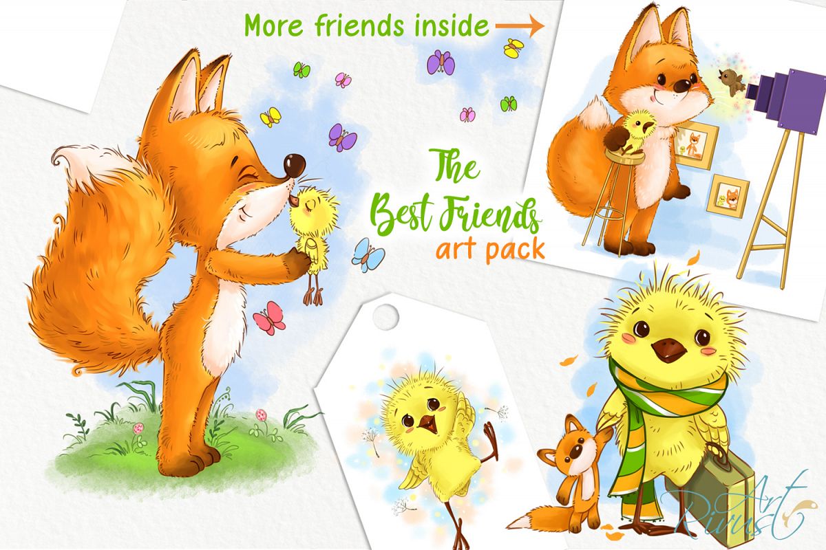 Fox and chick PNG clipart. The best friend graphic art. example image 1