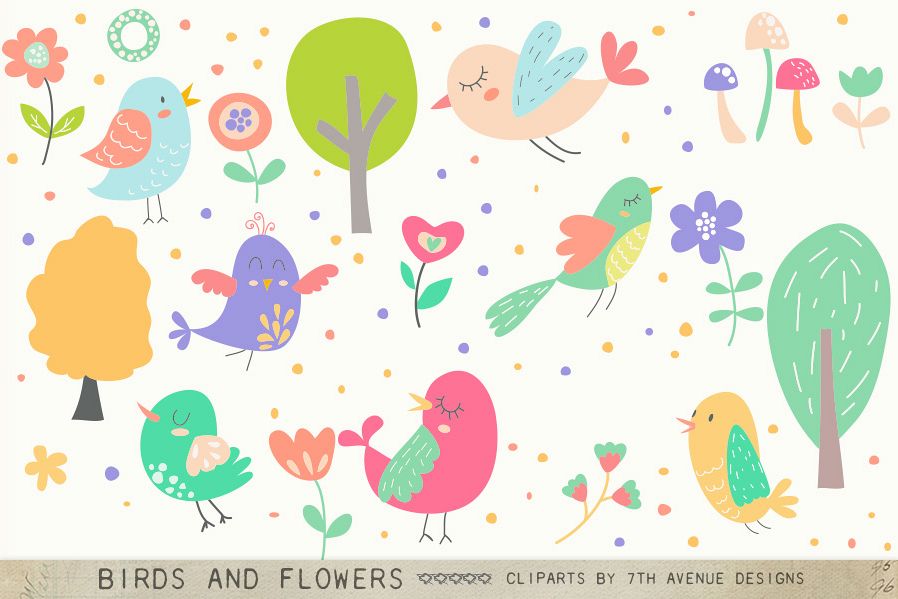 Birds and Flowers Cliparts example image 1