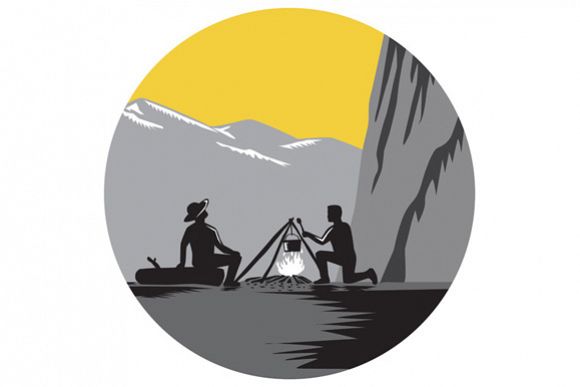 Campers Sitting Cooking Campfire Circle Woodcut example image 1