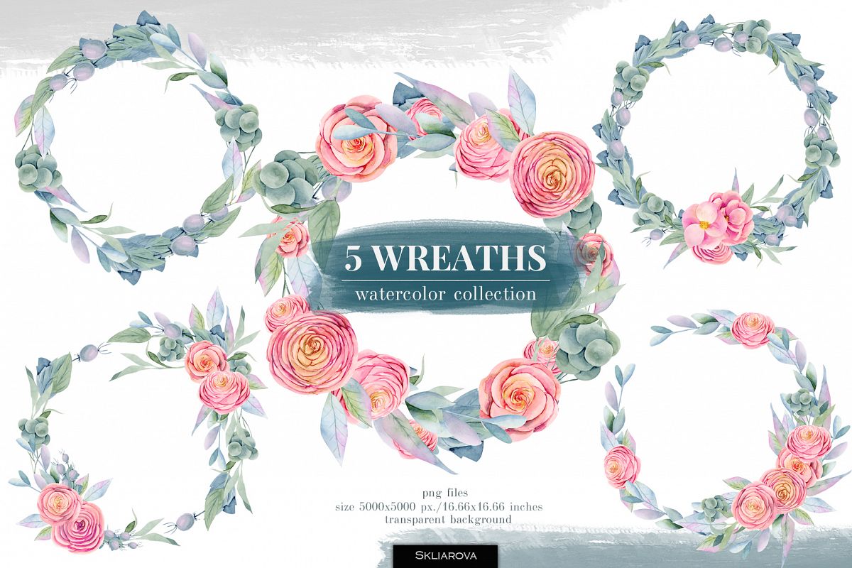 5 Wreaths, Floral boxes watercolor col. example image 1