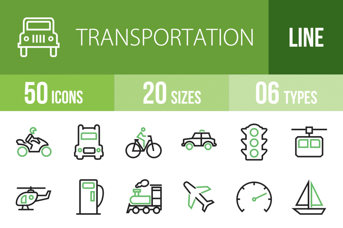 50 Transportation Line Green & Black Icons example image 1