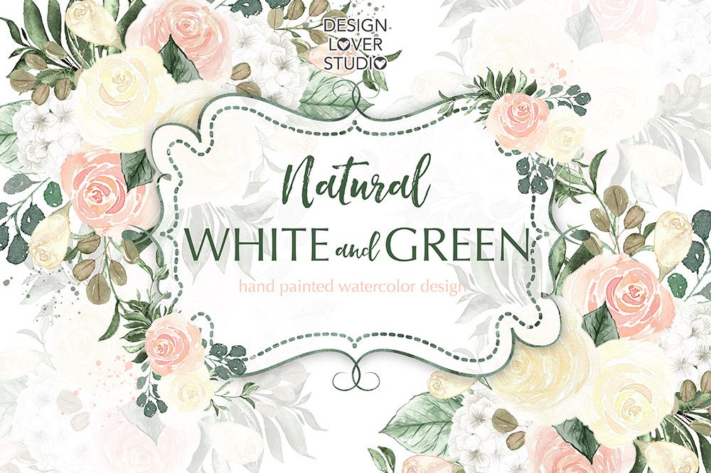 Watercolor Natural White and Green flower design example image 1