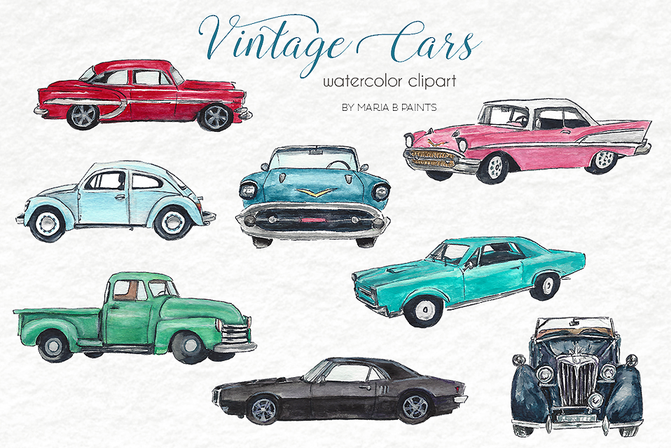Download Watercolor Clip Art - Vintage Cars