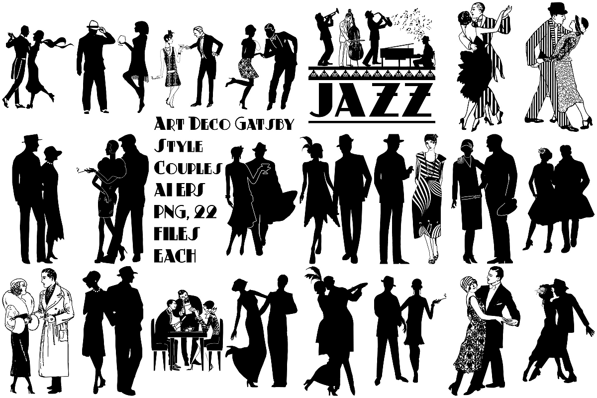 Art Deco Gatsby Jazz Style Couples AI EPS Vector & PNG example image 1