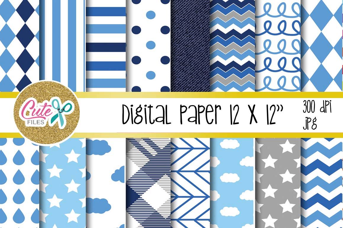 Blue cloud paper, polka and chevron digital paper example image 1